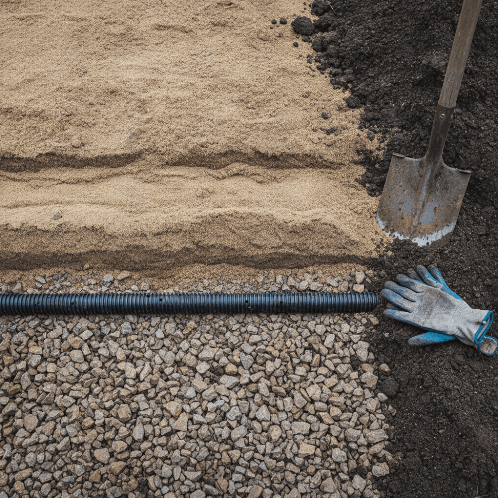 Coupe détaillée d'un filtre à sable pour assainissement non collectif montrant les couches filtrantes de gravier et sable