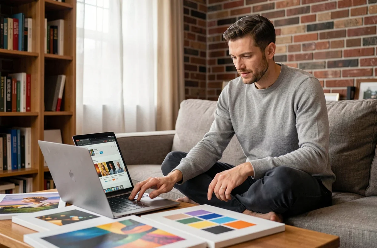 Homme comparant des tableaux colorés sur un site en ligne depuis son canapé dans un bureau à domicile