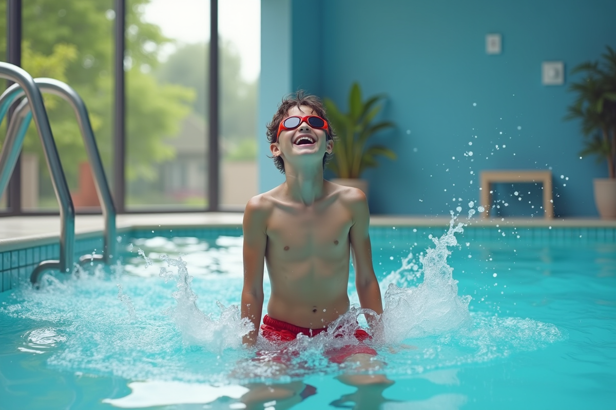 Adolescent riant dans la piscine intérieure moderne