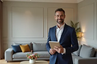 Agent immobilier en costume dans un salon moderne accueillant