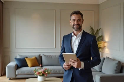 Agent immobilier en costume dans un salon moderne accueillant