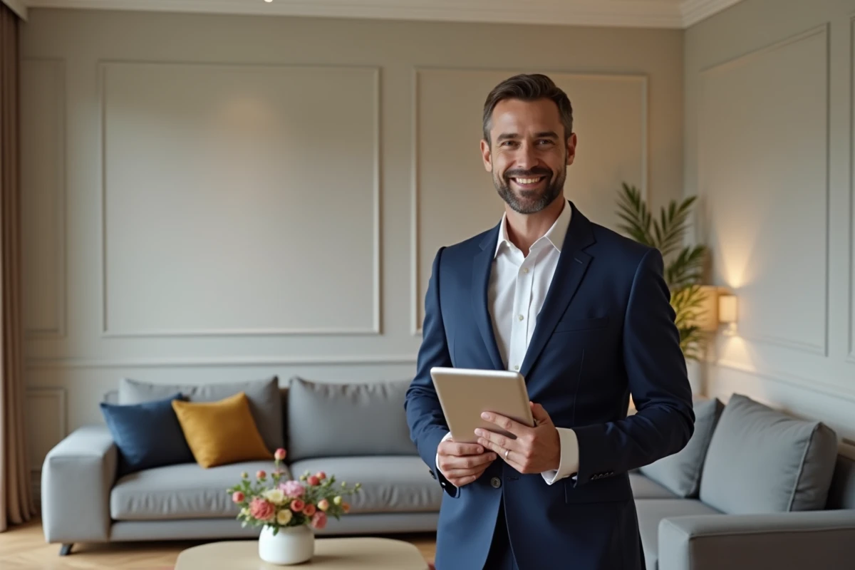 Agent immobilier en costume dans un salon moderne accueillant