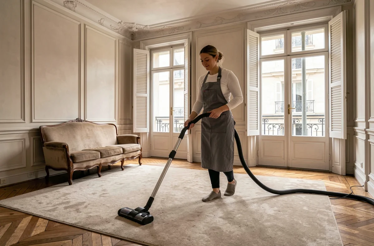 Aide ménagère passant l'aspirateur dans un salon de style haussmannien à Paris