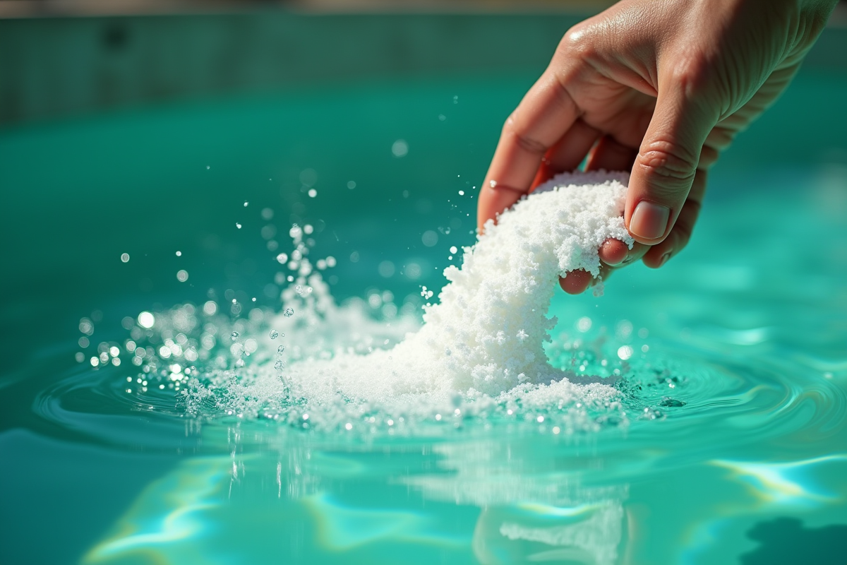 Main versant du chlore dans une piscine verte