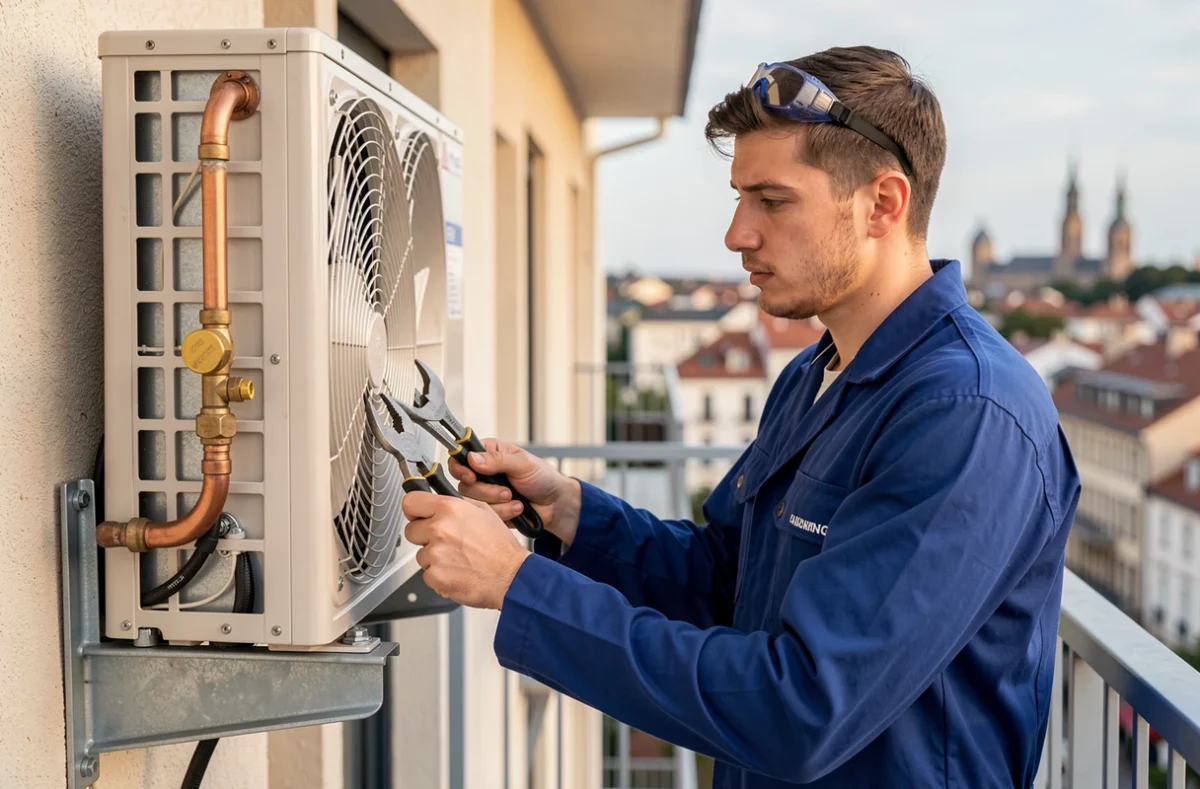 Installateur d'APC 37 travaillant sur une unité extérieure de climatisation sur un balcon d'appartement à Tours
