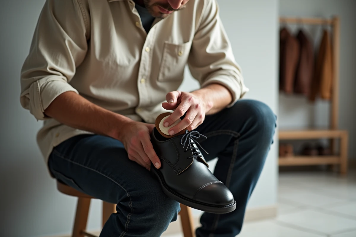Homme appliquant de la graisse nutritive sur une chaussure derby noire en cuir avec un applicateur rond dans un couloir minimaliste