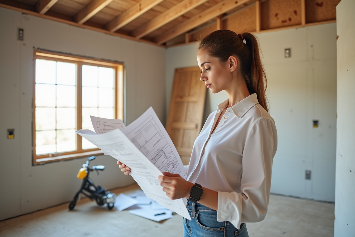 Jeune architecte vérifiant les chevrons isolés dans une maison moderne