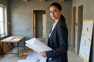 Architecte d'intérieur femme tenant des plans dans un appartement en rénovation avec échantillons de matériaux