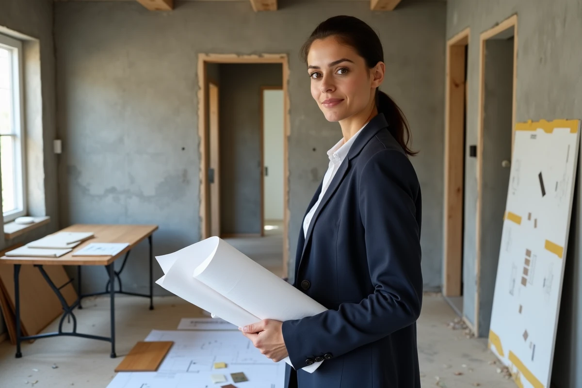 Architecte d'intérieur femme tenant des plans dans un appartement en rénovation avec échantillons de matériaux