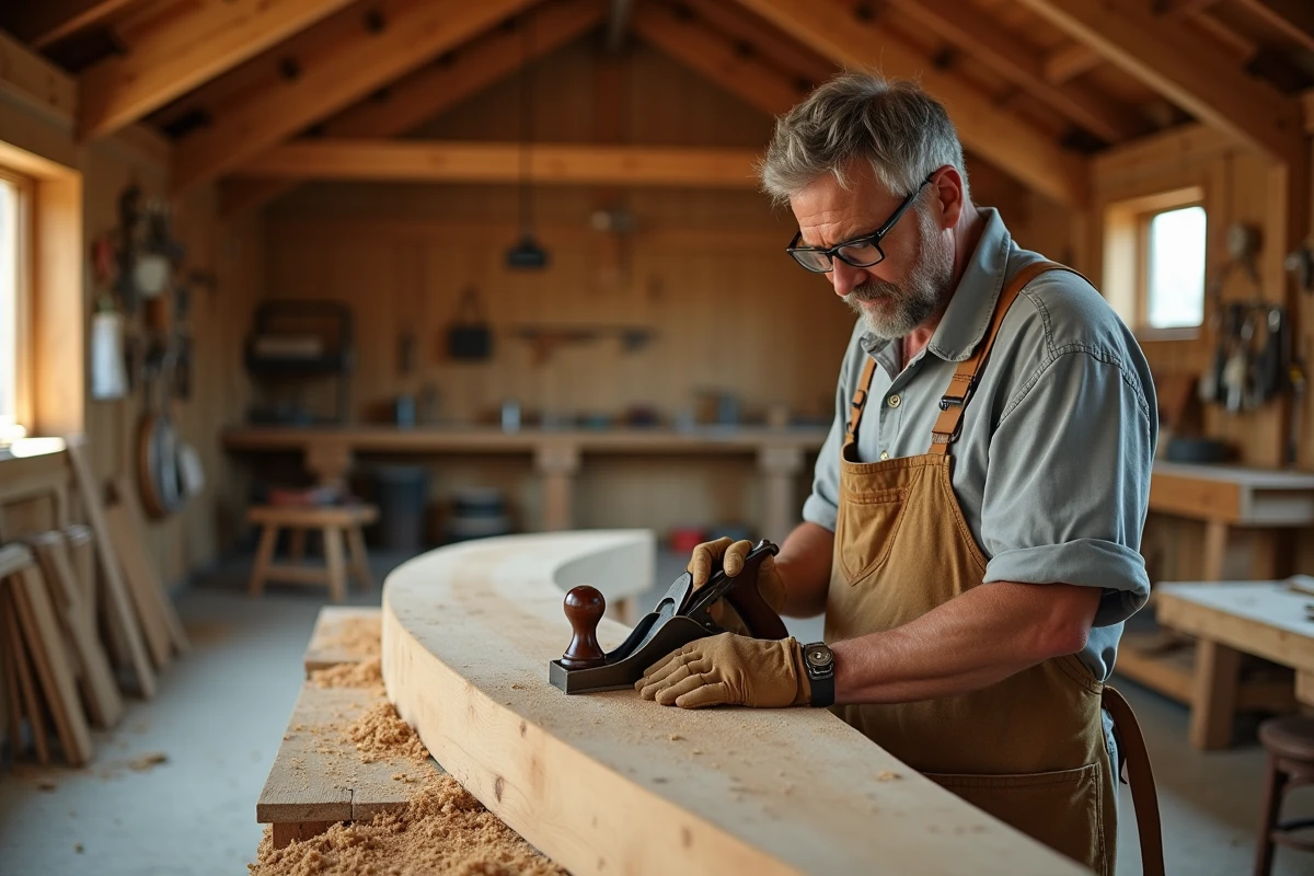 Artisan charpentier façonnant une poutre en bois courbée pour la construction d'une yourte en bois dans un atelier traditionnel
