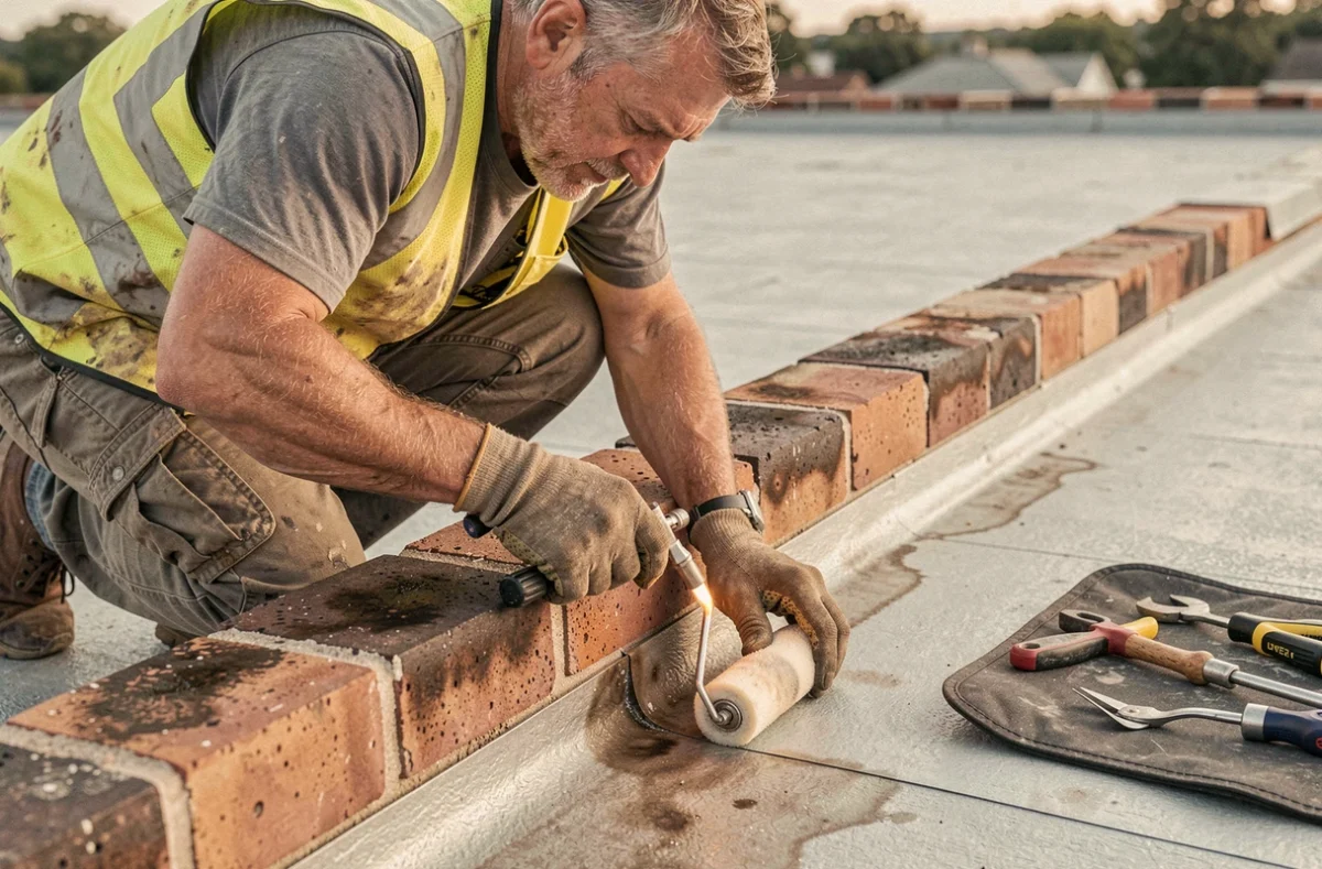 Artisan étancheur appliquant la finition de relevé de membrane bitumineuse sur le bord d'un toit terrasse avec chalumeau