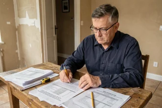 Artisan bricoleur en chemise bleue marine examinant un devis détaillé de rénovation sur une table en bois dans un intérieur français