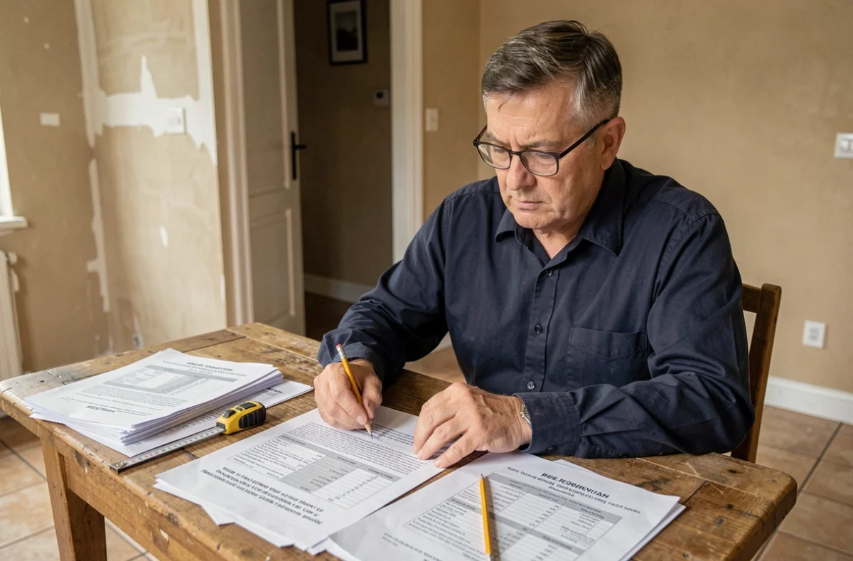 Artisan bricoleur en chemise bleue marine examinant un devis détaillé de rénovation sur une table en bois dans un intérieur français