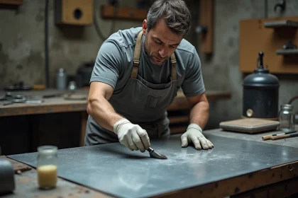 Artisan appliquant une solution de patine sur une feuille de zinc neuf dans un atelier de métallurgie