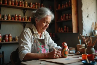 Artisane russe peignant à la main une matriochka traditionnelle dans son atelier authentique