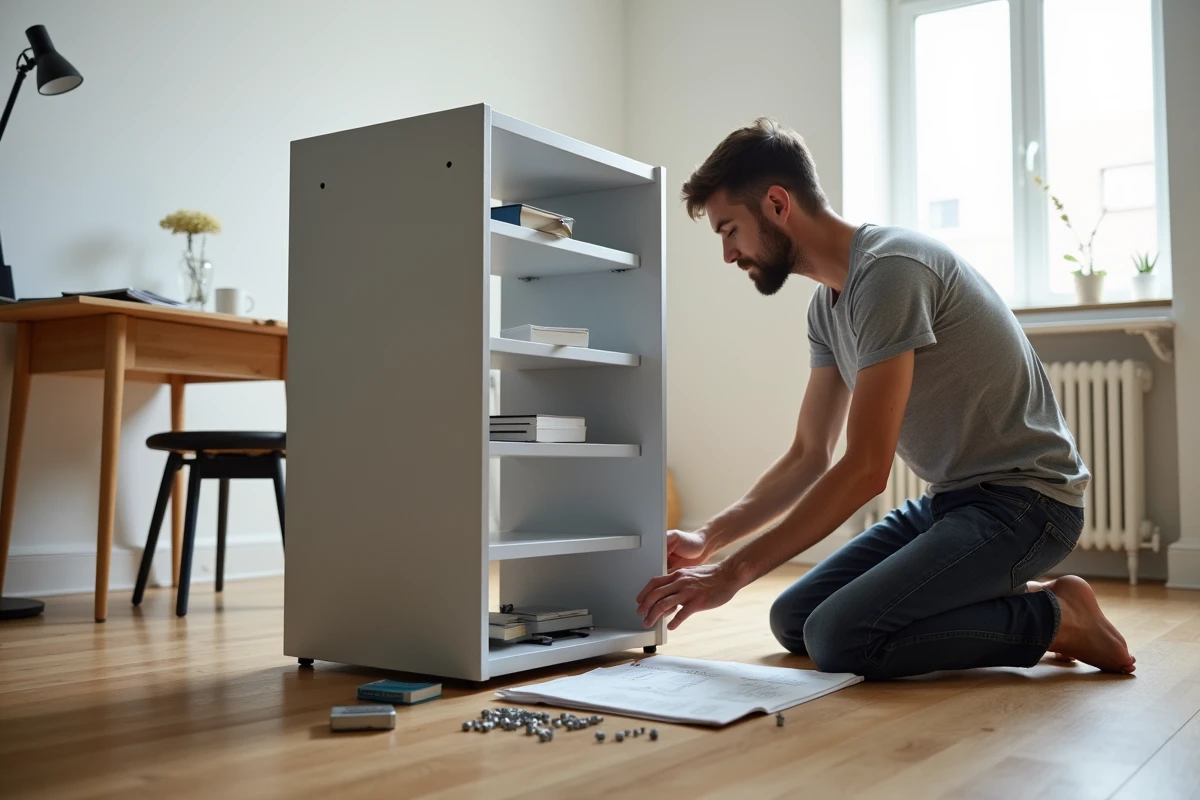 Homme assemblant un book stacker metallique sur un parquet en bois, manuel d'instructions ouvert, erreurs d'assemblage a eviter