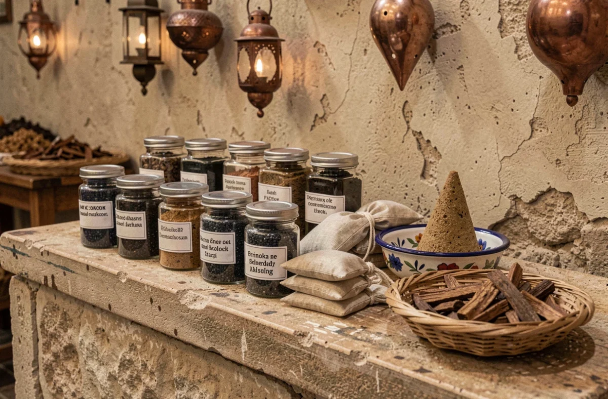 Assortiment de produits bakhour encens en bocaux et sachets sur une étagère de souk traditionnel