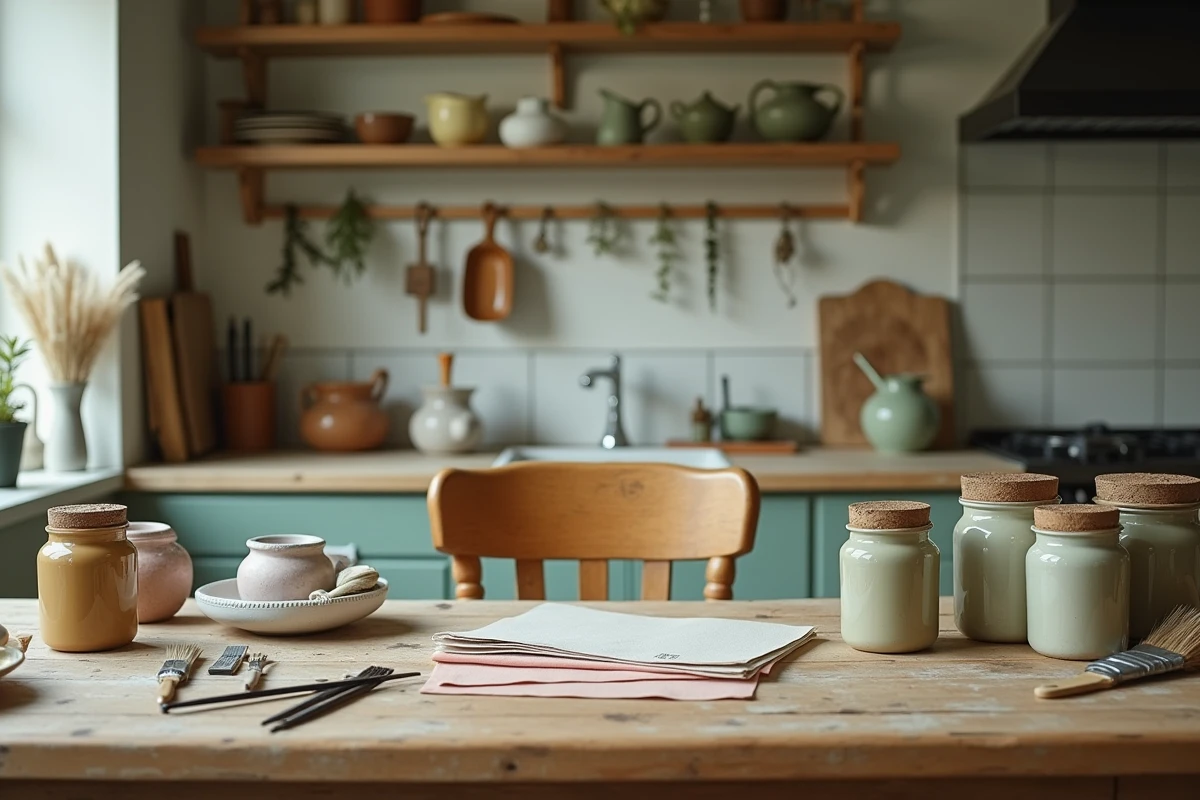 Table de cuisine couverte d'outils de bricolage et de peinture pour relooker des meubles anciens dans un intérieur existant