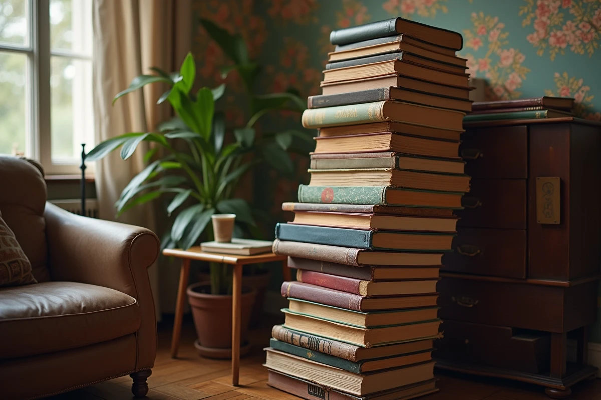 Book stacker surchargé et instable dans un coin lecture d'appartement, illustration des erreurs de surcharge a eviter
