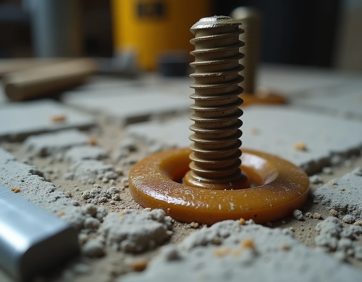 Gros plan sur un boulon de scellement chimique vieilli avec résine durcie présentant des fissures et une usure visible dans un bloc de béton