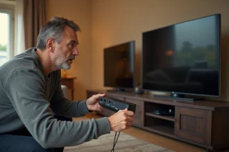 Homme branchant un splitter HDMI derrière une télévision dans un salon moderne pour connecter deux TV sur un seul décodeur