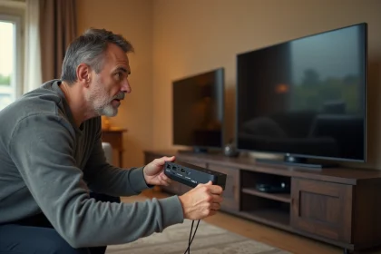 Homme branchant un splitter HDMI derrière une télévision dans un salon moderne pour connecter deux TV sur un seul décodeur