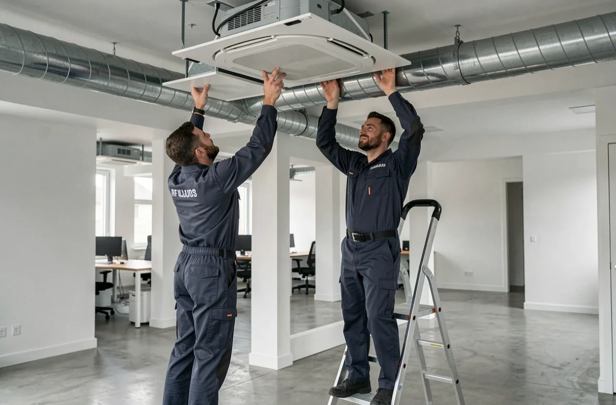Deux techniciens de C AND C installant un système de climatisation gainable dans un bureau rénové en Indre-et-Loire