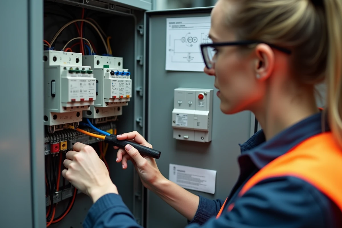 Technicienne câblant un bornier triphasé 380V converti en 220V à l'intérieur d'une armoire électrique industrielle