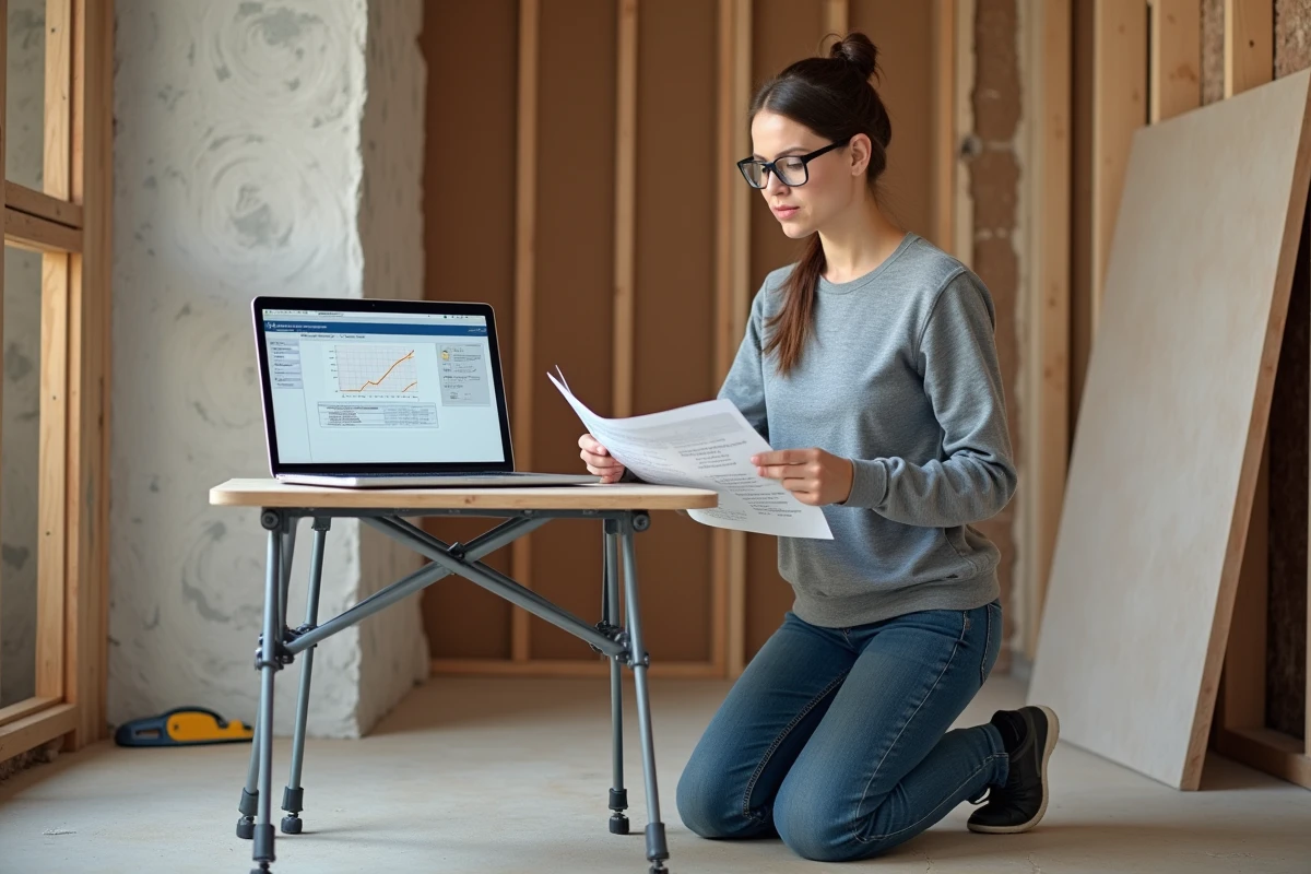 Femme consultant un tableau de calcul de résistance thermique devant un mur isolé en laine minérale