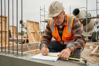 Ouvrier sur chantier calculant le volume de béton à la main avec un mètre ruban et un carnet de notes