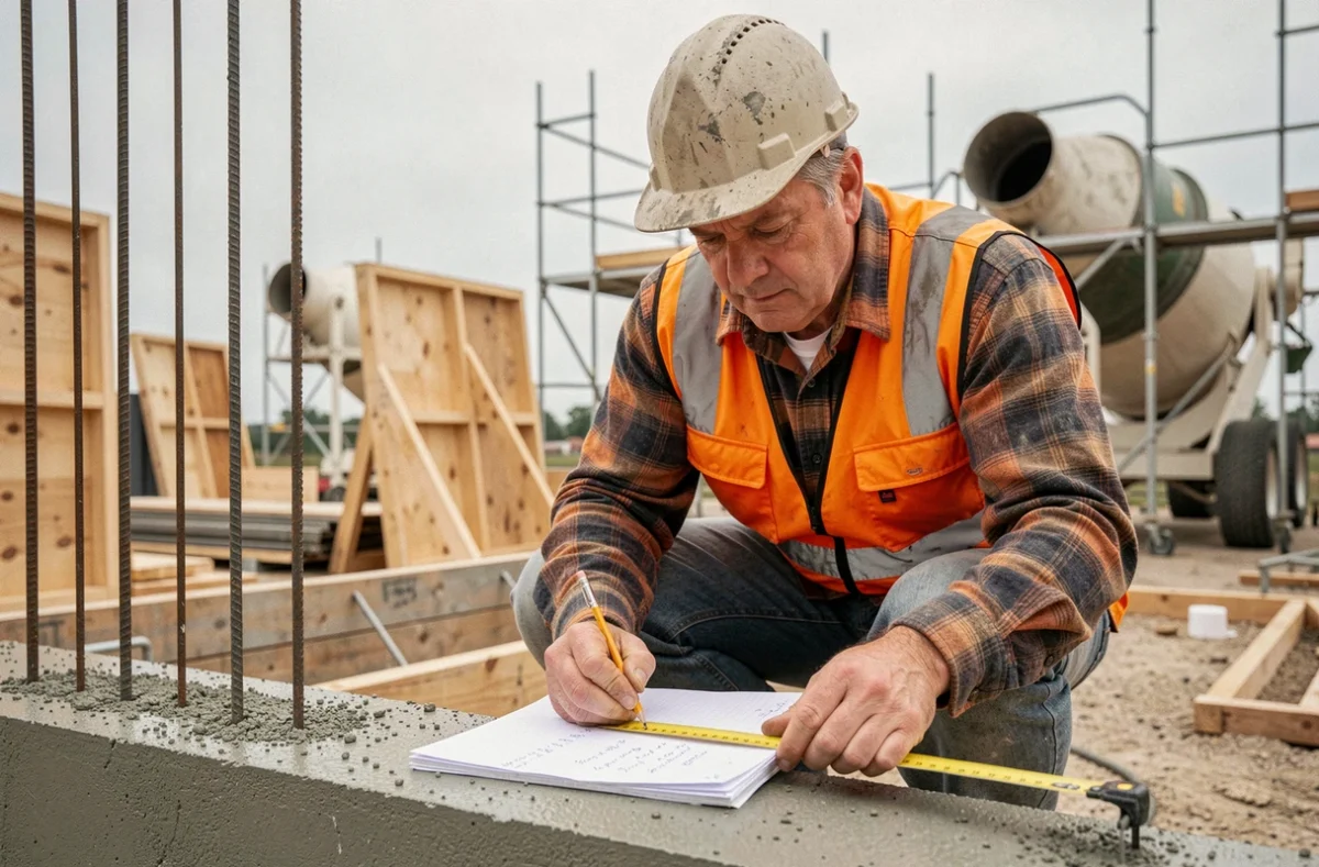 Ouvrier sur chantier calculant le volume de béton à la main avec un mètre ruban et un carnet de notes