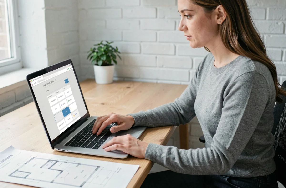 Femme utilisant un calculateur de mètre cube béton en ligne sur un ordinateur portable avec des plans de construction