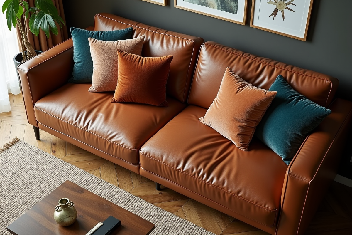 Coin de salon avec canapé en cuir et coussins en velours