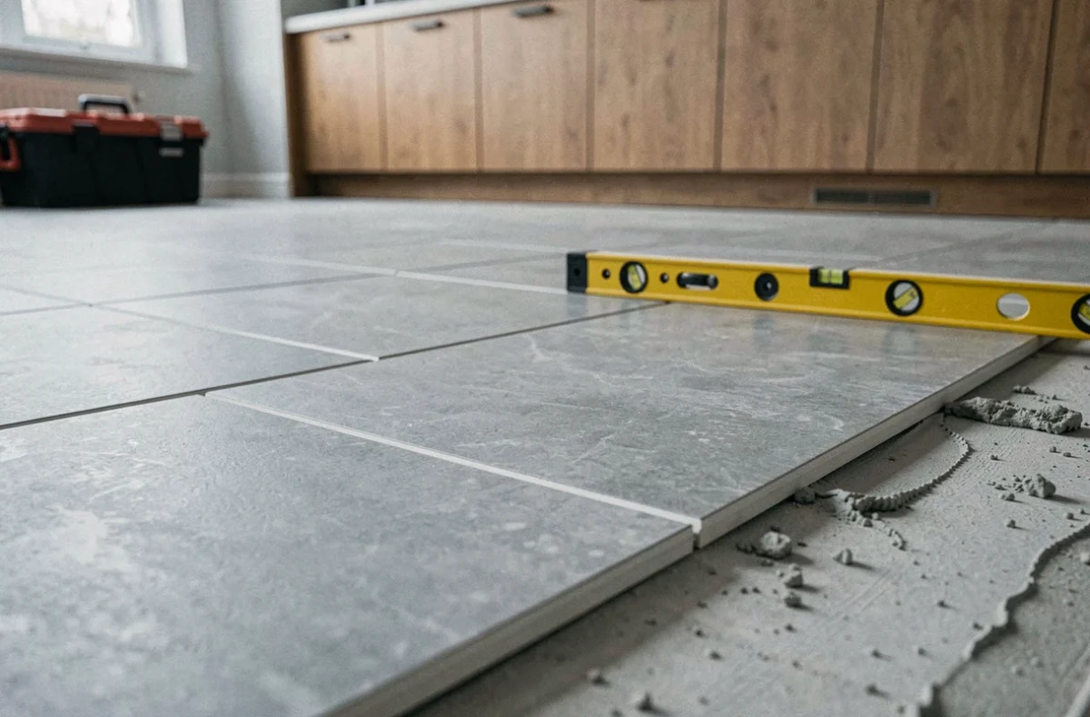Carrelage en grès cérame gris fraîchement posé dans une cuisine moderne avec joints parfaitement alignés et niveau à bulle