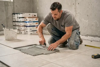 Carreleur professionnel posant des carreaux de grande format dans une salle de bain en rénovation avec une truelle crantée
