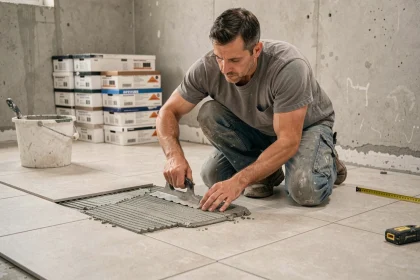 Carreleur professionnel posant des carreaux de grande format dans une salle de bain en rénovation avec une truelle crantée