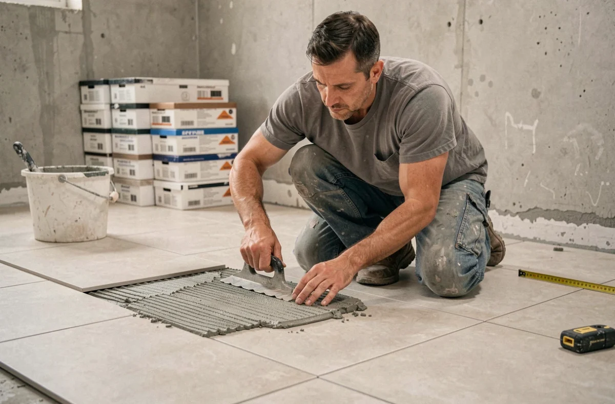 Carreleur professionnel posant des carreaux de grande format dans une salle de bain en rénovation avec une truelle crantée