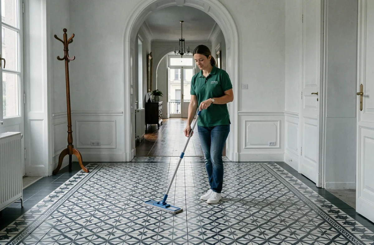Employée de Centre Services des agences de Melun ou Meaux nettoyant le carrelage d'un hall d'entrée bourgeois