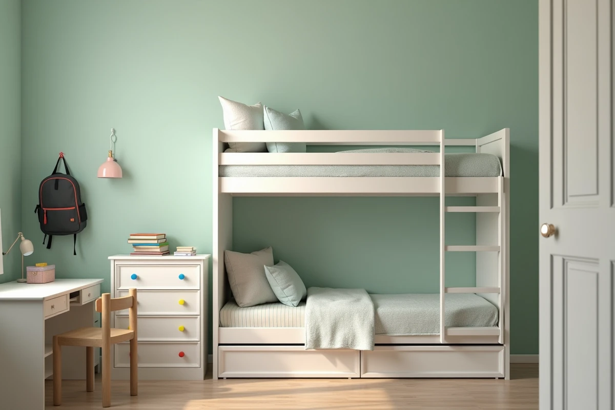 Chambre d'enfant avec lit superposé en bois blanc et bureau compact de style BUT