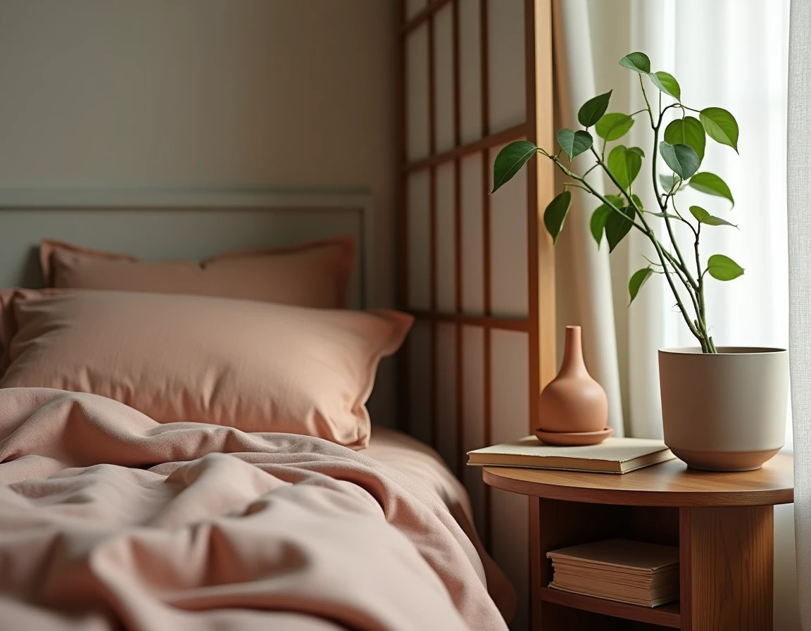 Coin chambre zen avec linge de lit en coton bio, chevet en noyer brut et plante verte dans un pot en c&eacute;ramique artisanale