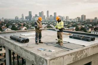 Chantier de toit terrasse en cours avec membrane d'étanchéité et travailleurs examinant les plans sur un immeuble résidentiel urbain