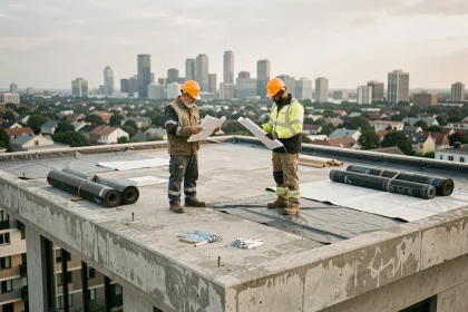 Chantier de toit terrasse en cours avec membrane d'étanchéité et travailleurs examinant les plans sur un immeuble résidentiel urbain
