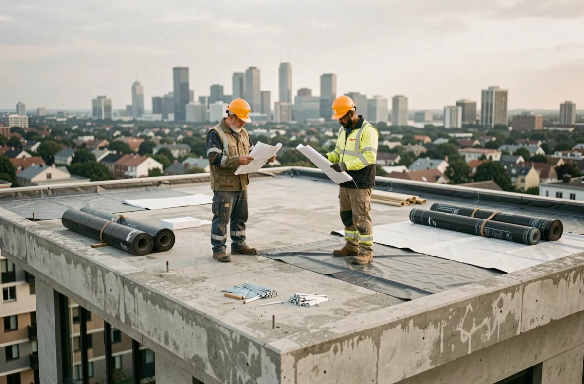 Chantier de toit terrasse en cours avec membrane d'étanchéité et travailleurs examinant les plans sur un immeuble résidentiel urbain