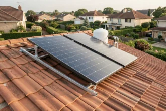 Chauffe-eau solaire de 200 litres installé sur le toit d'une maison familiale avec panneaux thermiques