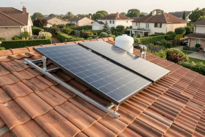 Chauffe-eau solaire de 200 litres installé sur le toit d'une maison familiale avec panneaux thermiques