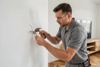 Technicien fixant une cheville Molly dans une cloison en plaque de plâtre BA13 pour installer un meuble TV