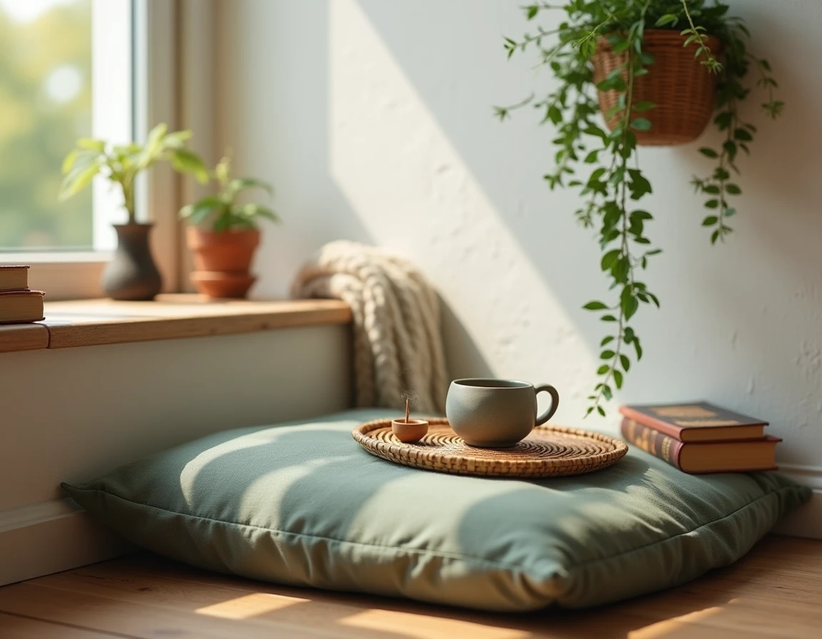 Coin lecture et m&eacute;ditation &agrave; la maison avec coussin en lin sauge, plateau en rotin, mug artisanal et plante suspendue dans une alc&ocirc;ve apaisante