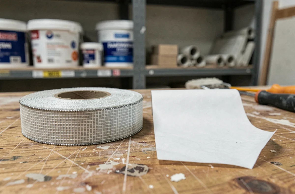 Comparaison côte à côte d'une bande armée placo et d'une bande papier simple sur un établi de plâtrier