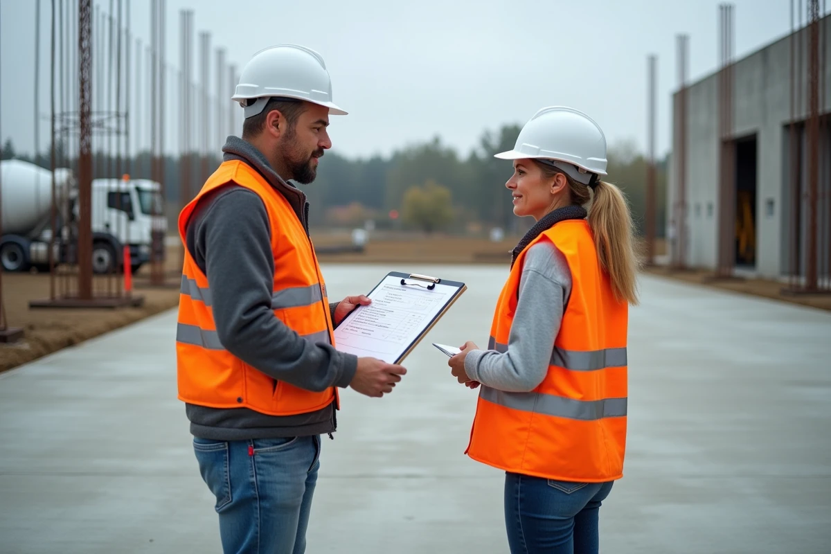 Deux professionnels du bâtiment comparant des devis pour une dalle béton sur un chantier commercial