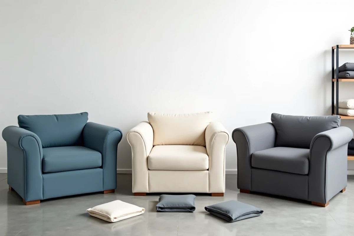 Trois fauteuils d'angle de formats différents côte à côte avec des housses extensibles en bleu ardoise, crème et gris anthracite dans un showroom